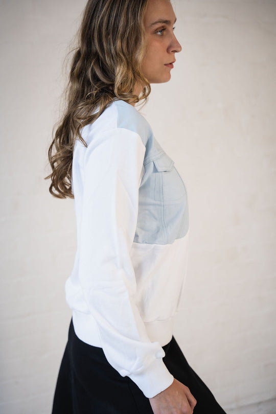 DENIM PATCHED SWEATSHIRT - WHITE/NAVY